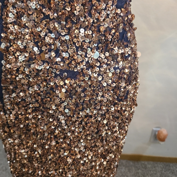 NWT Aleta rose gold navy sequin slit one shoulder prom pageant formal dress - Picture 4 of 6